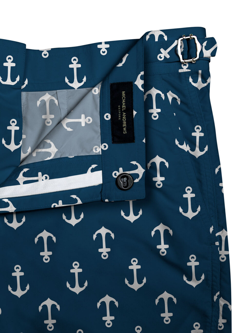 (product) Navy/White Anchors Swim Shorts, close-up with inner lining detail