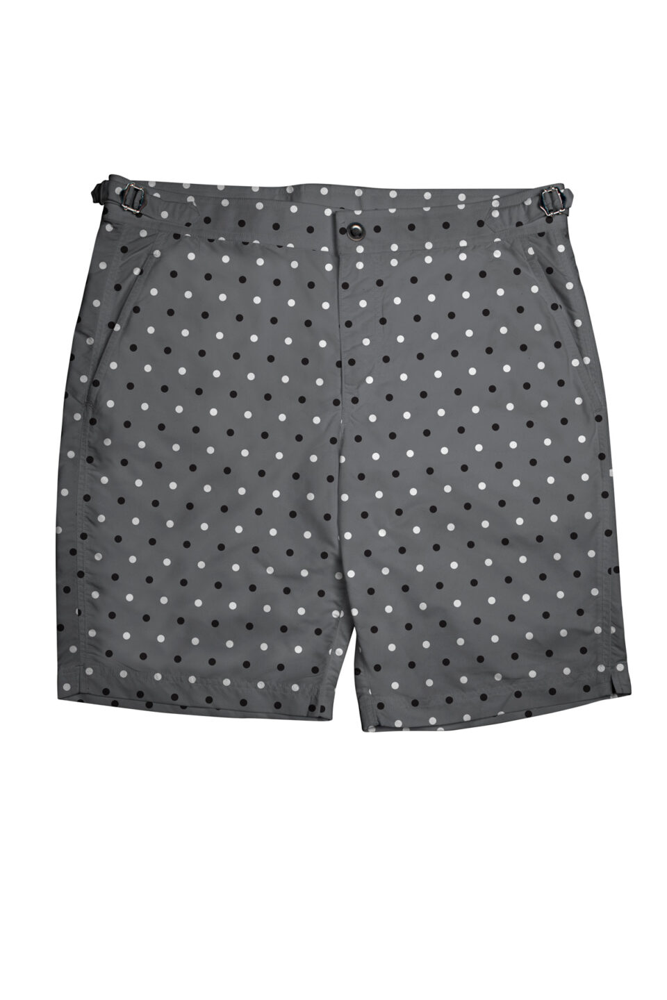 (product) Black/White Polka Dots on Grey Swim Shorts, front view