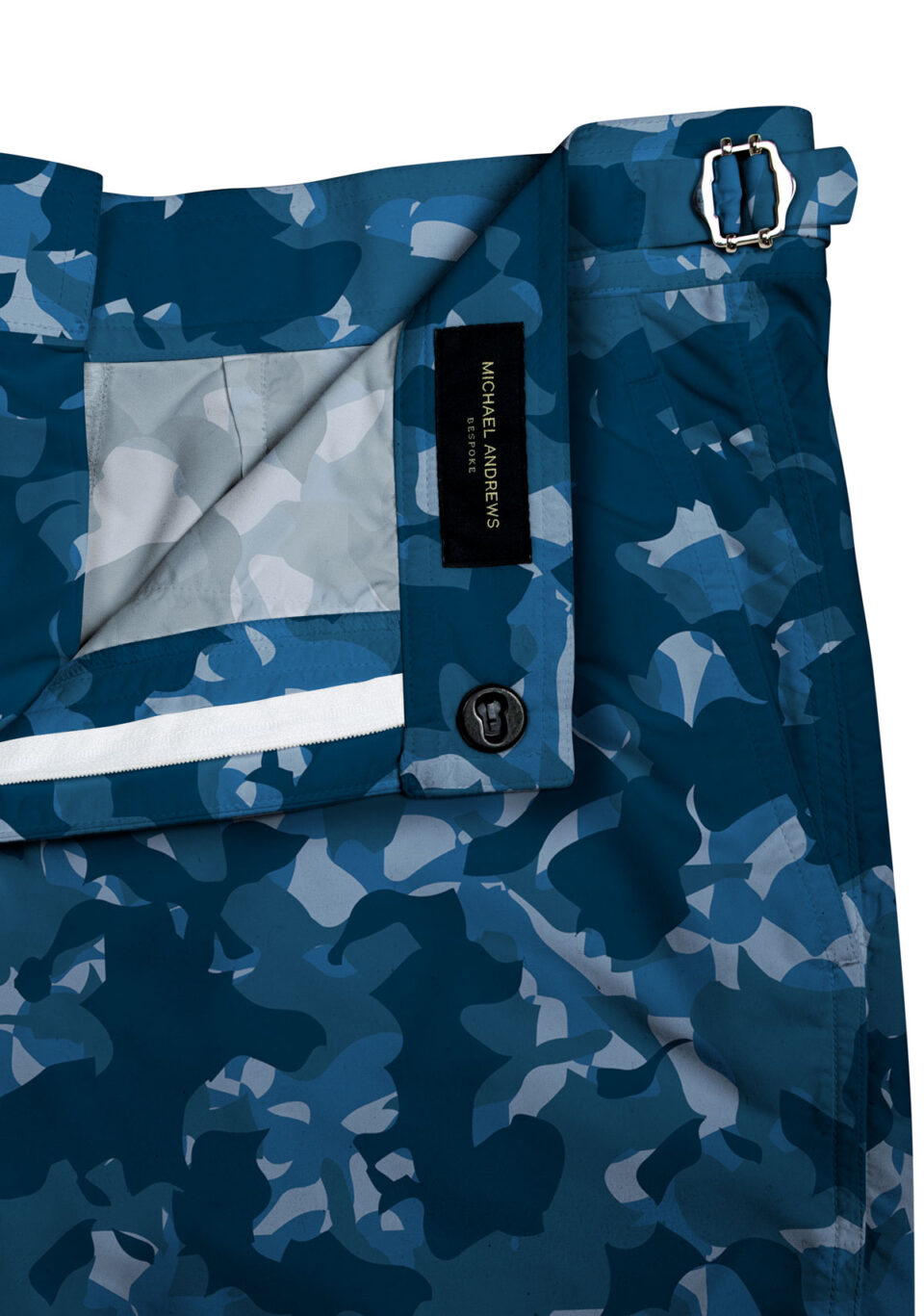 (product) Blue Camouflage Swim Shorts, close-up of waistband details