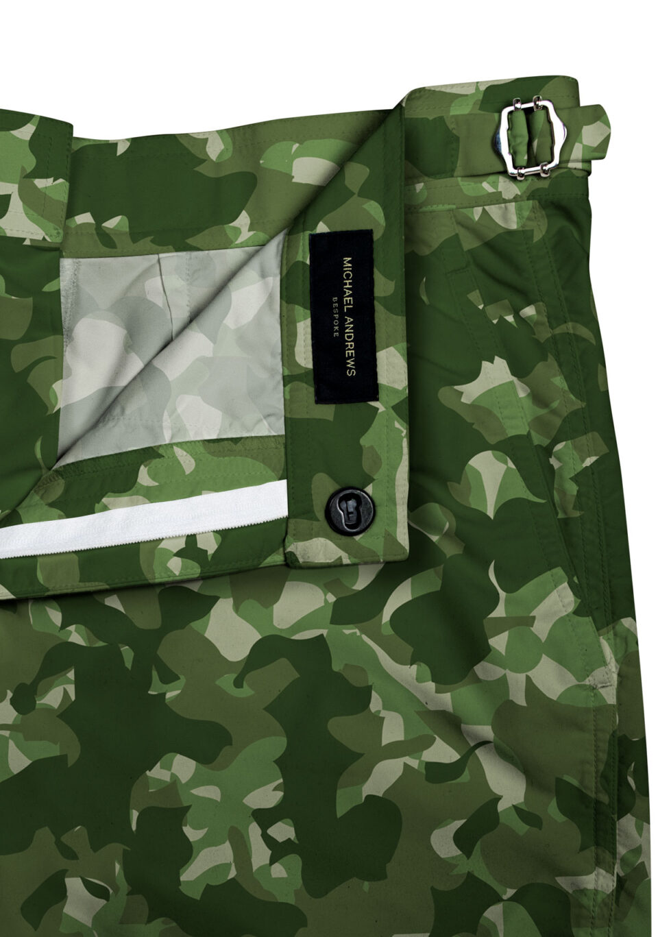 (product) Green Camouflage Swim Shorts, close-up of waistband details