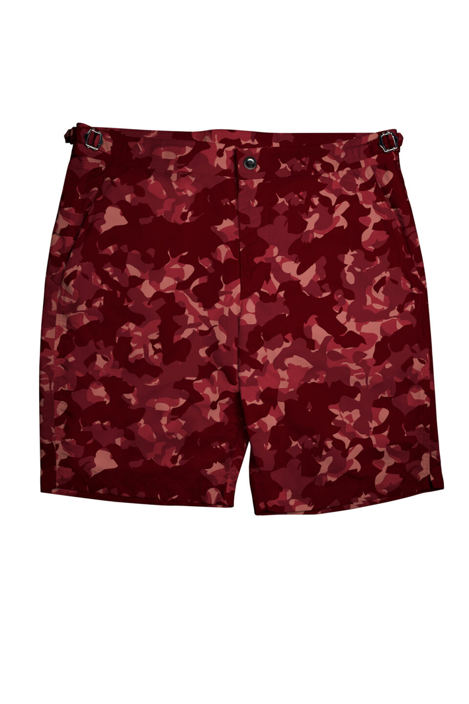 (product) Red Camouflage Swim Shorts, front view