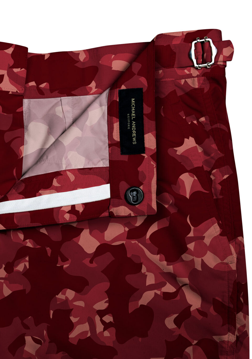 (product) Red Camouflage Swim Shorts, close-up of waistband details