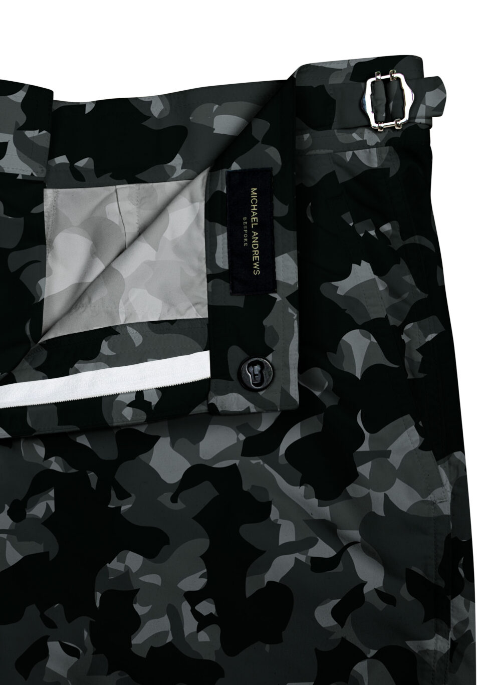 (product) Grey Camouflage Swim Shorts, close-up of waistband details