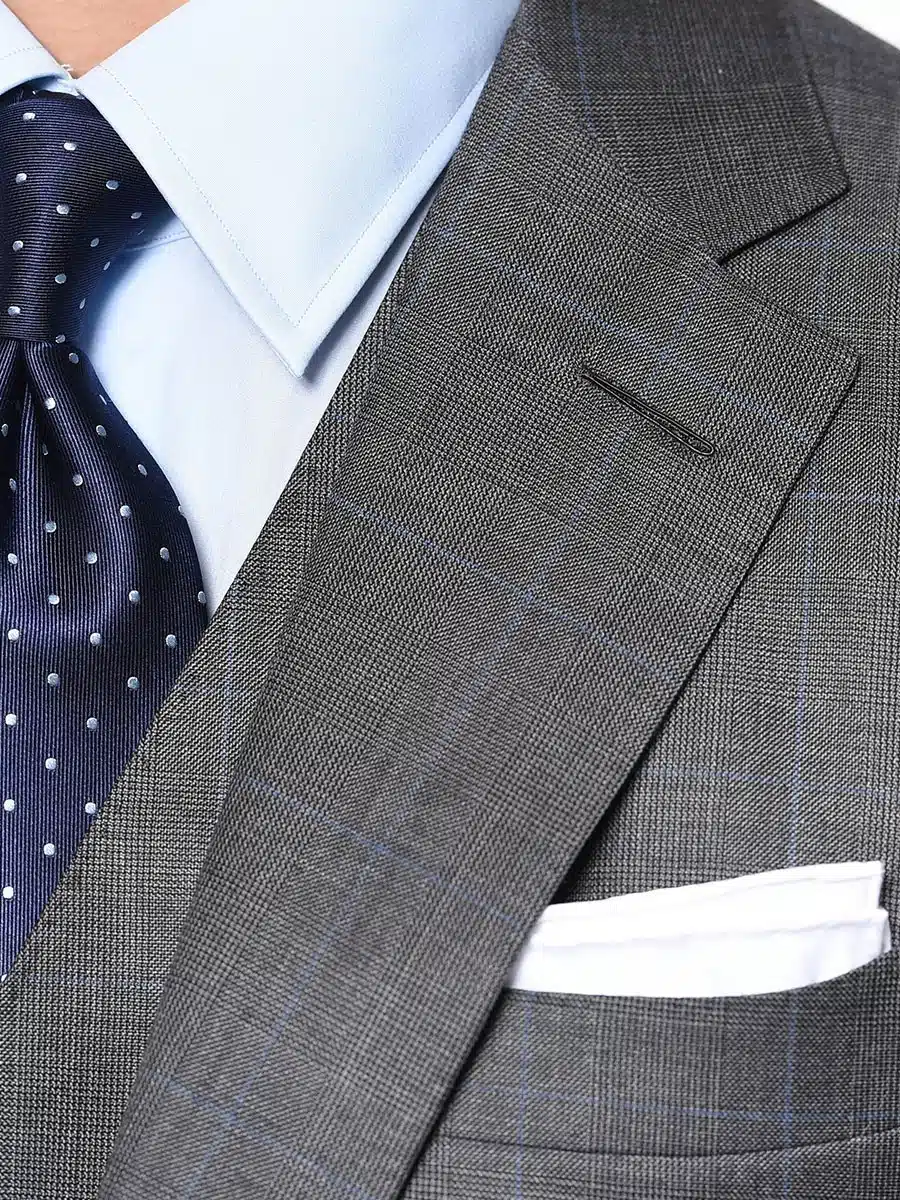 (product) Grey Glen Plaid Bespoke Suit, lapel detail