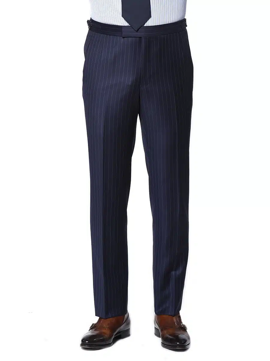 (product) Navy Chalk Stripe Bespoke Suit, pants detail