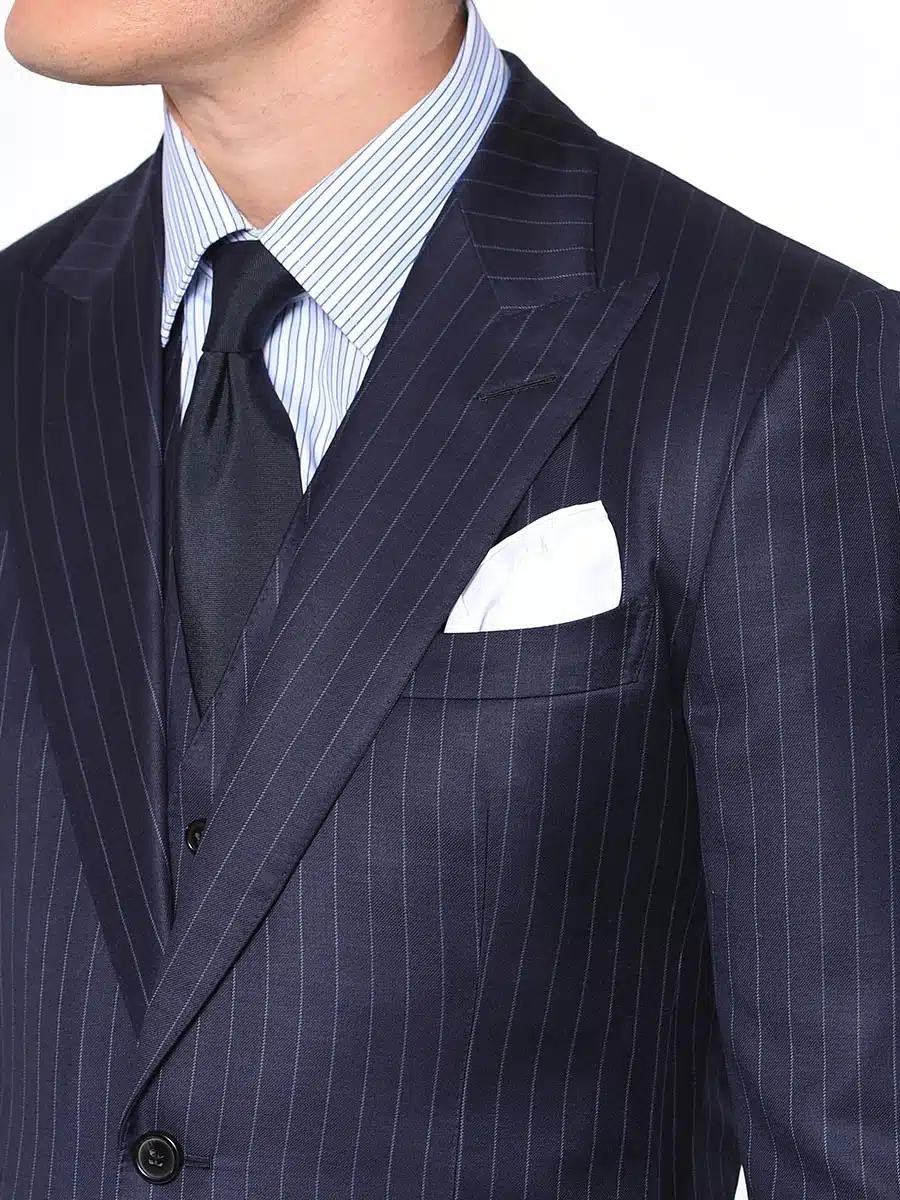 (product) Navy Chalk Stripe Bespoke Suit, lapel detail