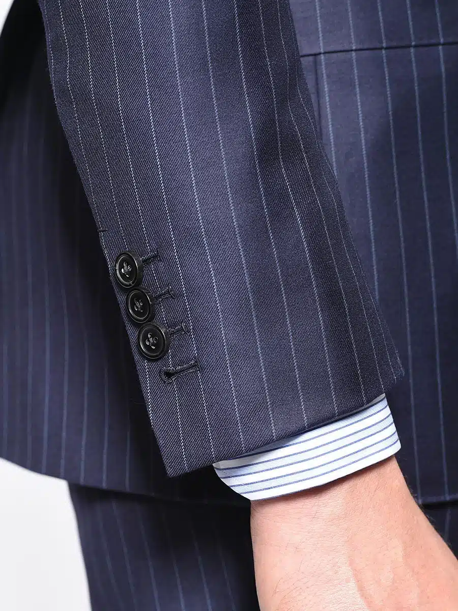 (product) Navy Chalk Stripe Bespoke Suit, cuff detail