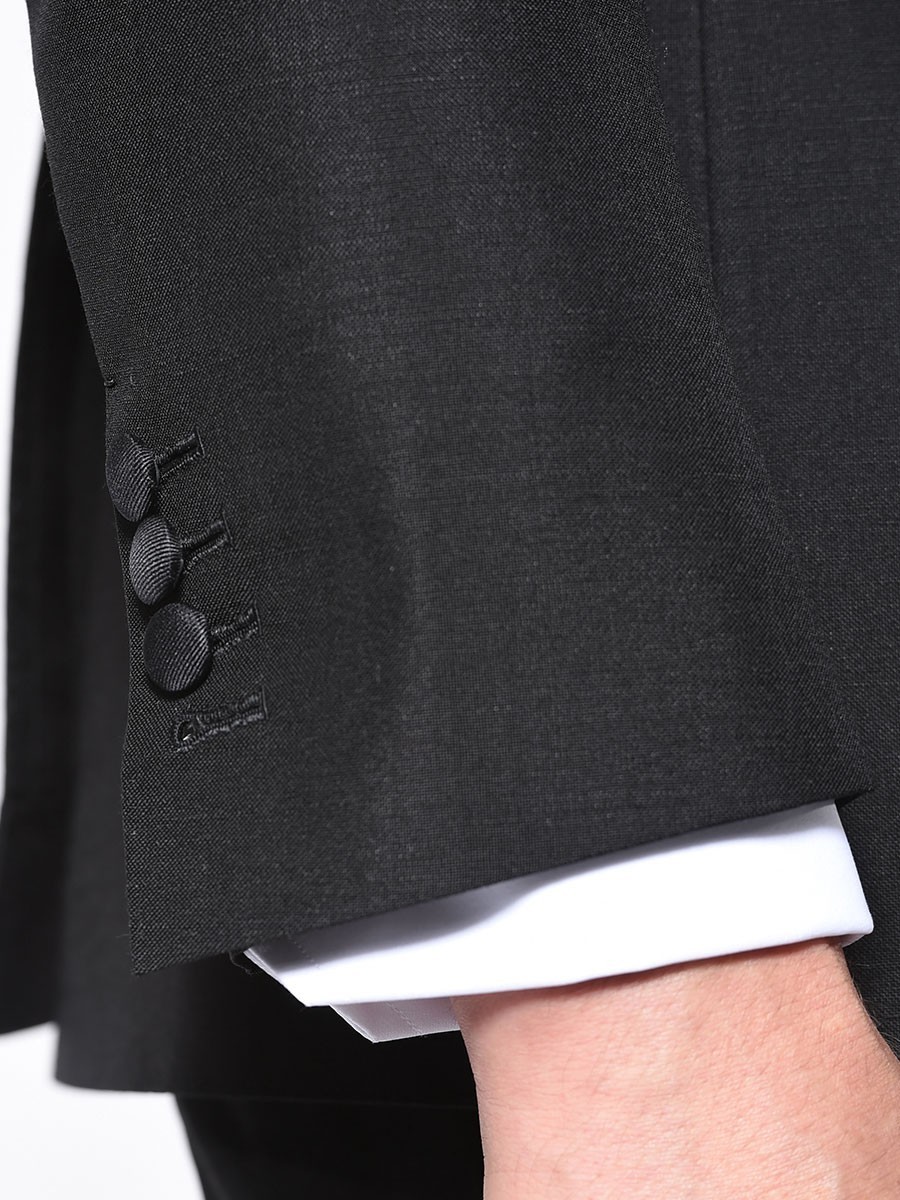 (product) Black Mohair Classic Grosgrain Bespoke Tuxedo, cuff detail with button accents