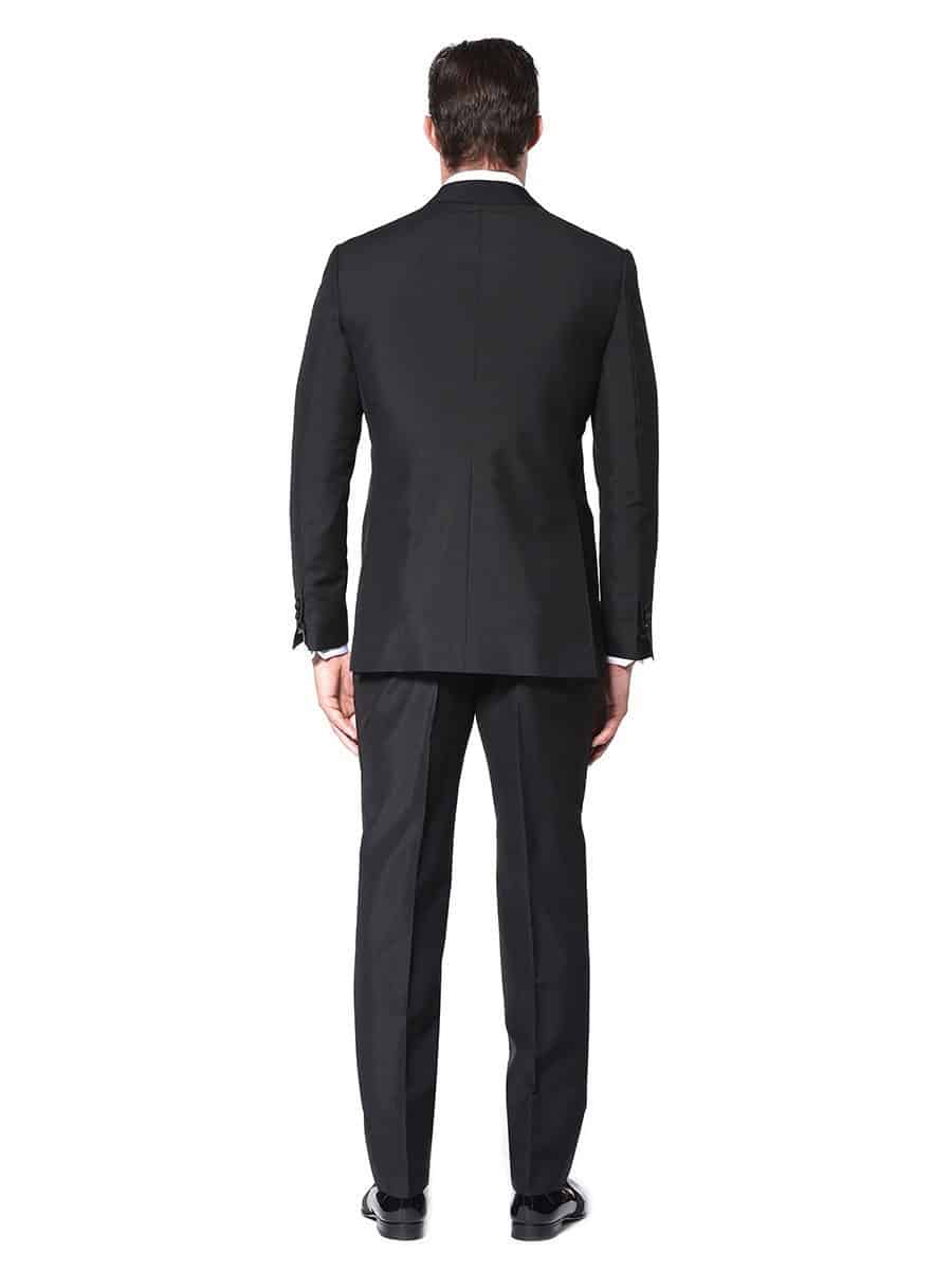 (product) Black Mohair Classic Grosgrain Bespoke Tuxedo, back view showcasing tailored silhouette
