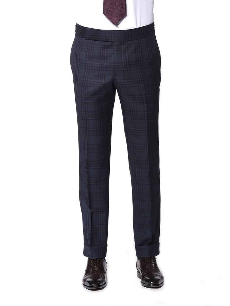 (product) Navy Plaid Bespoke Suit, pants detail