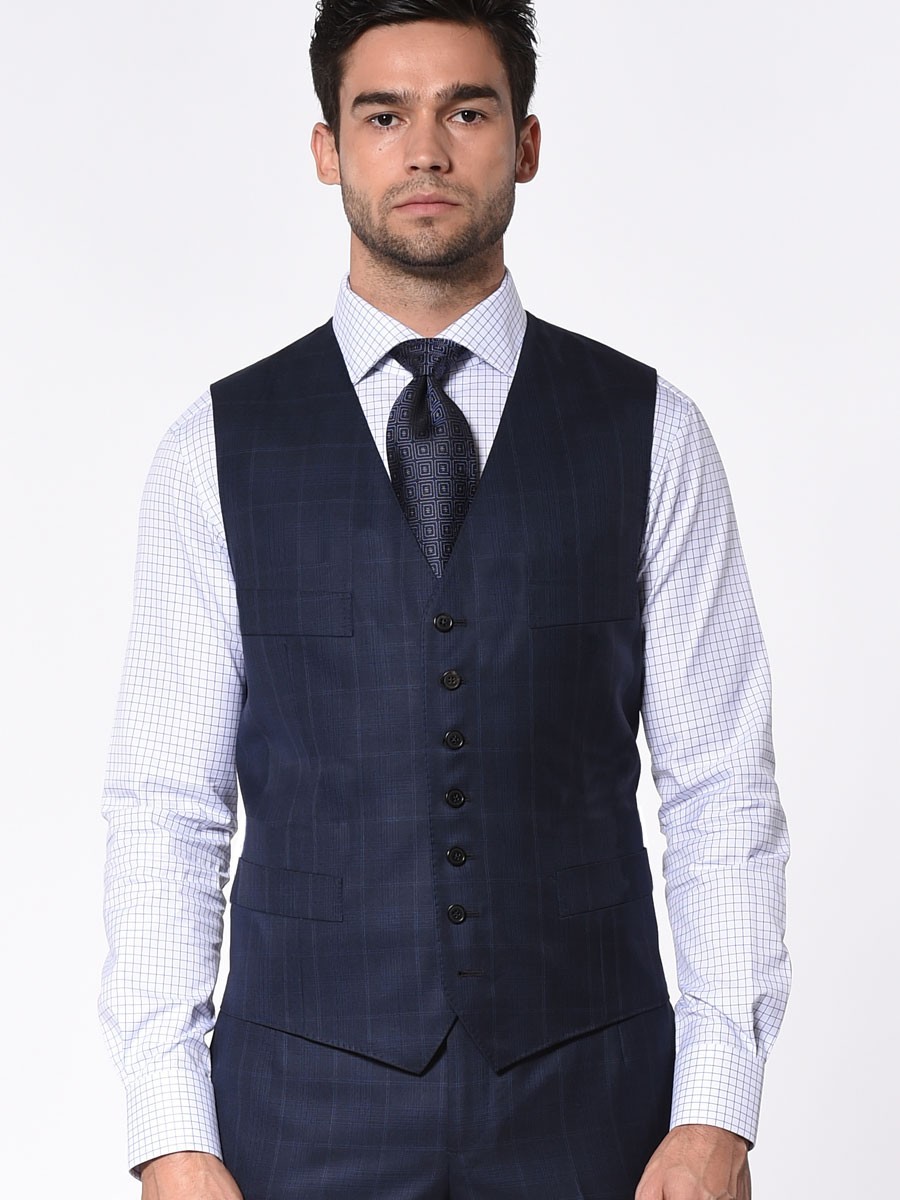 (product) Dark Blue Complex Windowpane Signature Bespoke Vest
