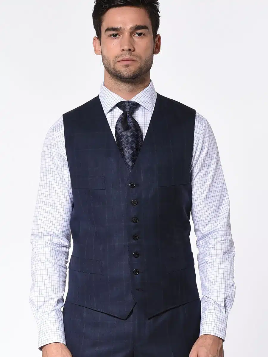 (product) Dark Blue Complex Windowpane Signature Bespoke Vest