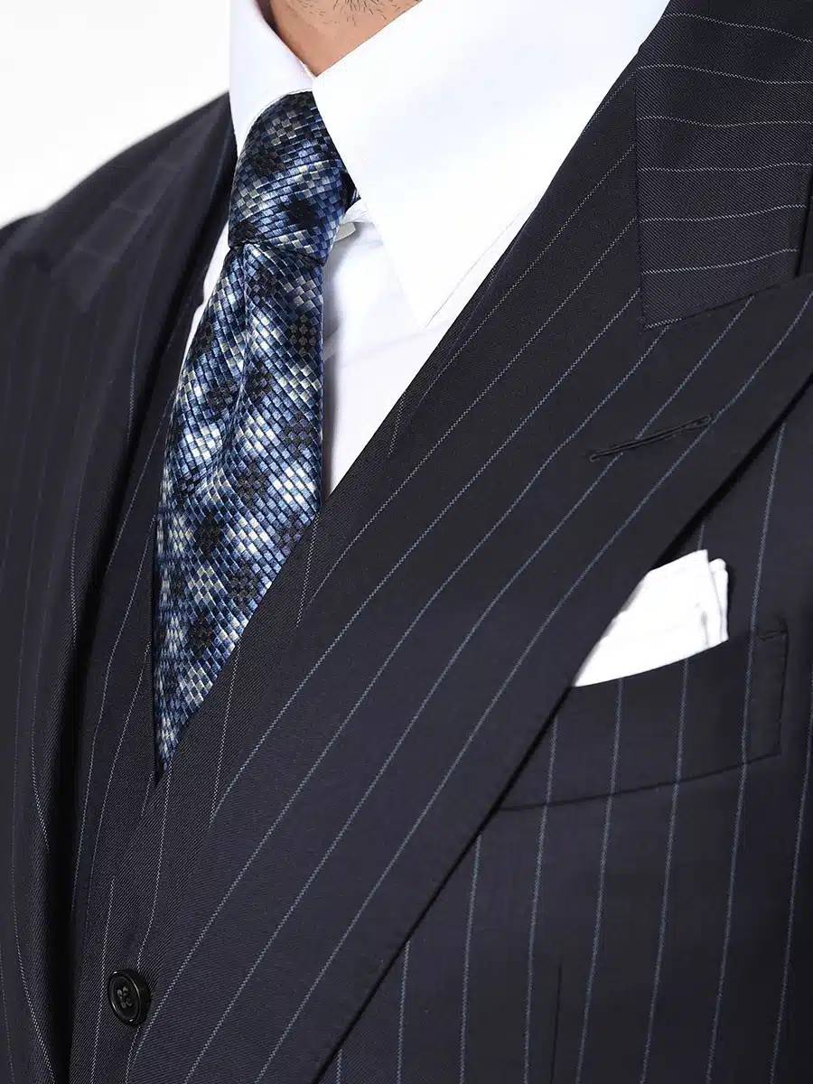 (product) Navy Twill Stripe Bespoke Suit, lapel detail