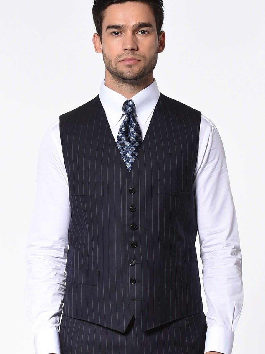 (product) Navy Twill Stripe Signature 7-Button Vest