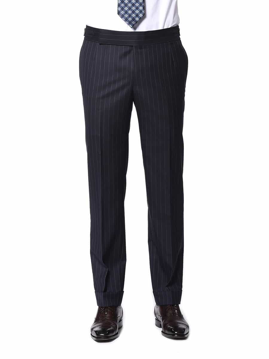 (product) Navy Twill Stripe Bespoke Suit, pants detail