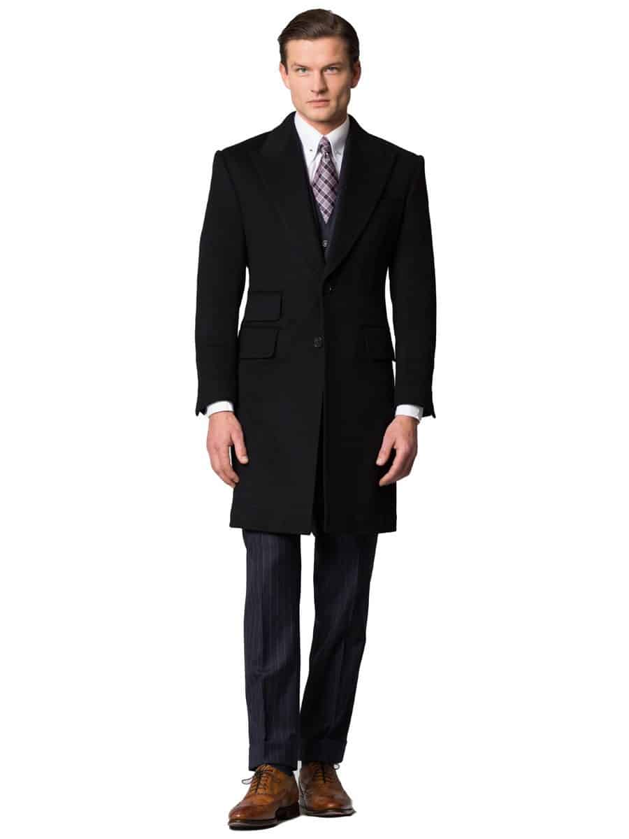 (product) Midnight Blue Overcoat, full-length front view with suit layering