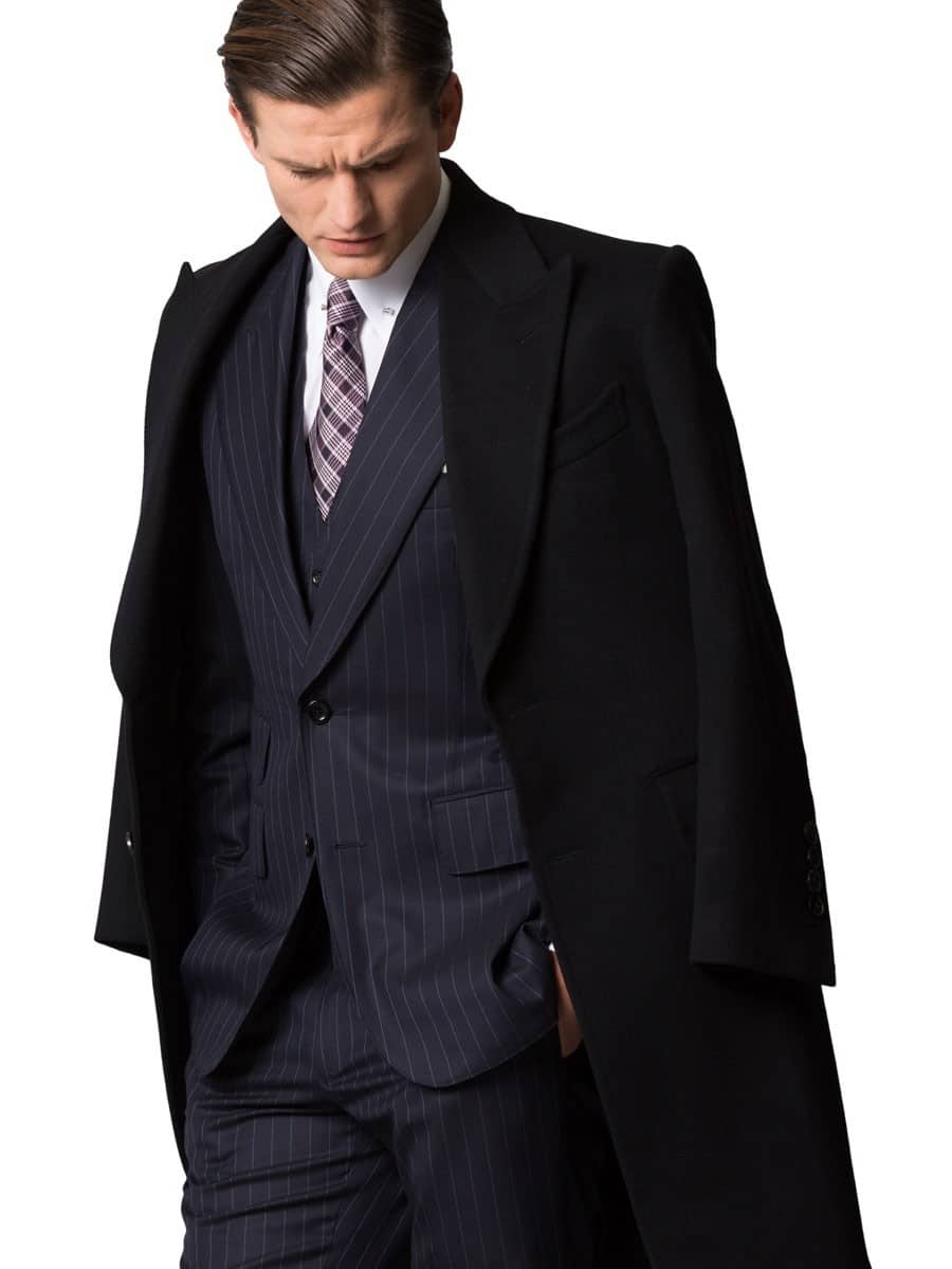 (product) Midnight Blue Overcoat, three-quarter front view showing lapel design