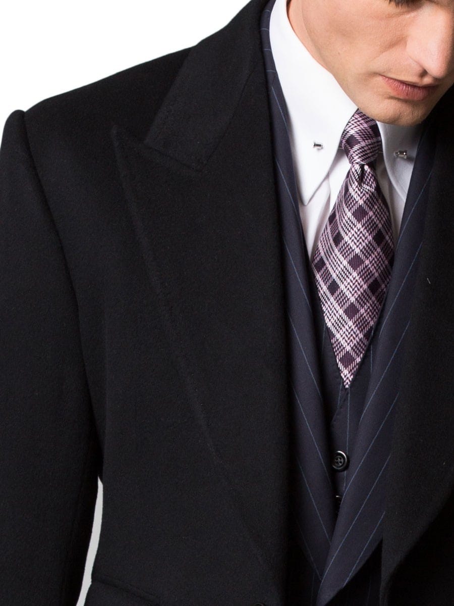(product) Midnight Blue Overcoat, close-up of the fabric texture and lapel stitching