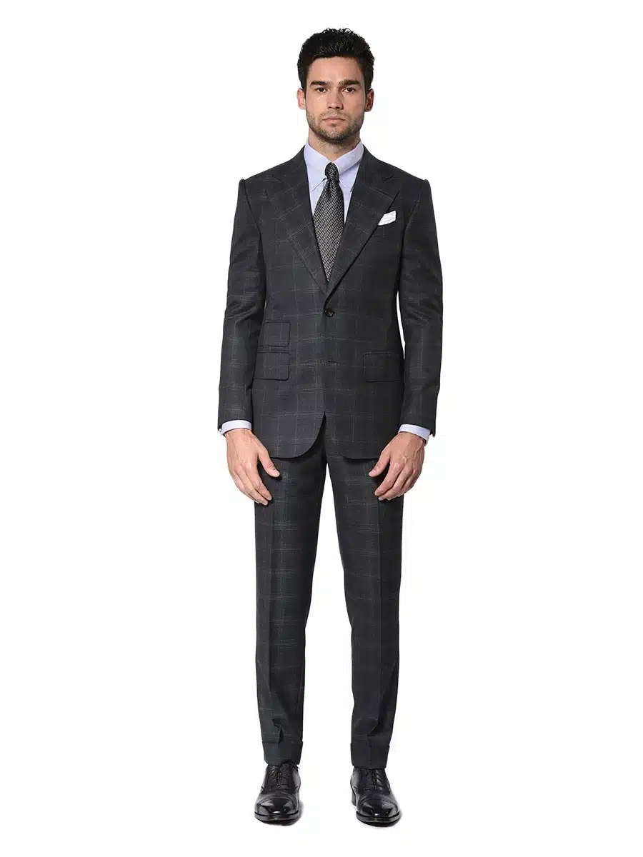 (product) Charcoal Complex Windowpane Bespoke Suit, Full view