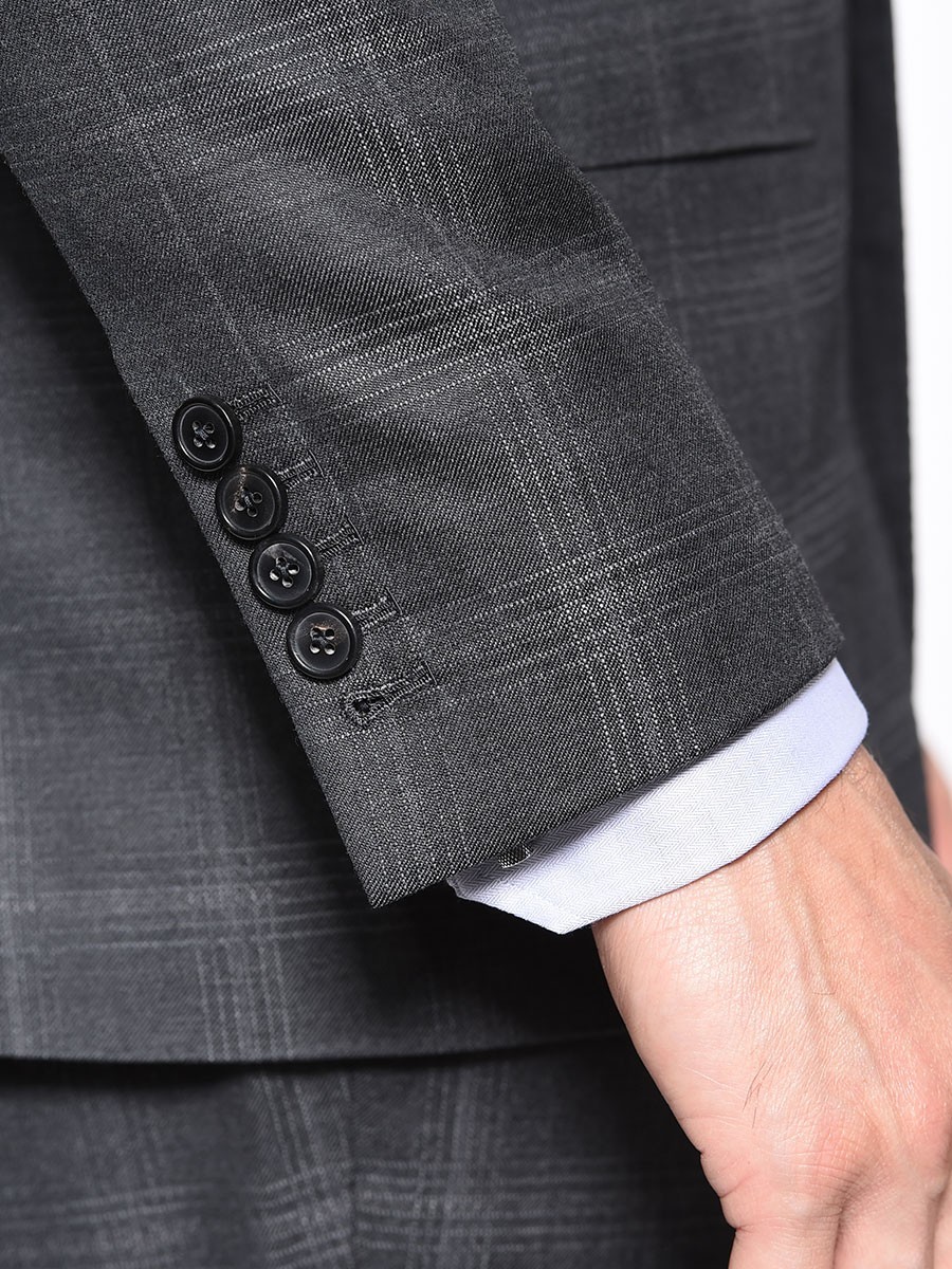 (product) Charcoal Complex Windowpane Bespoke Suit, Cuff detail