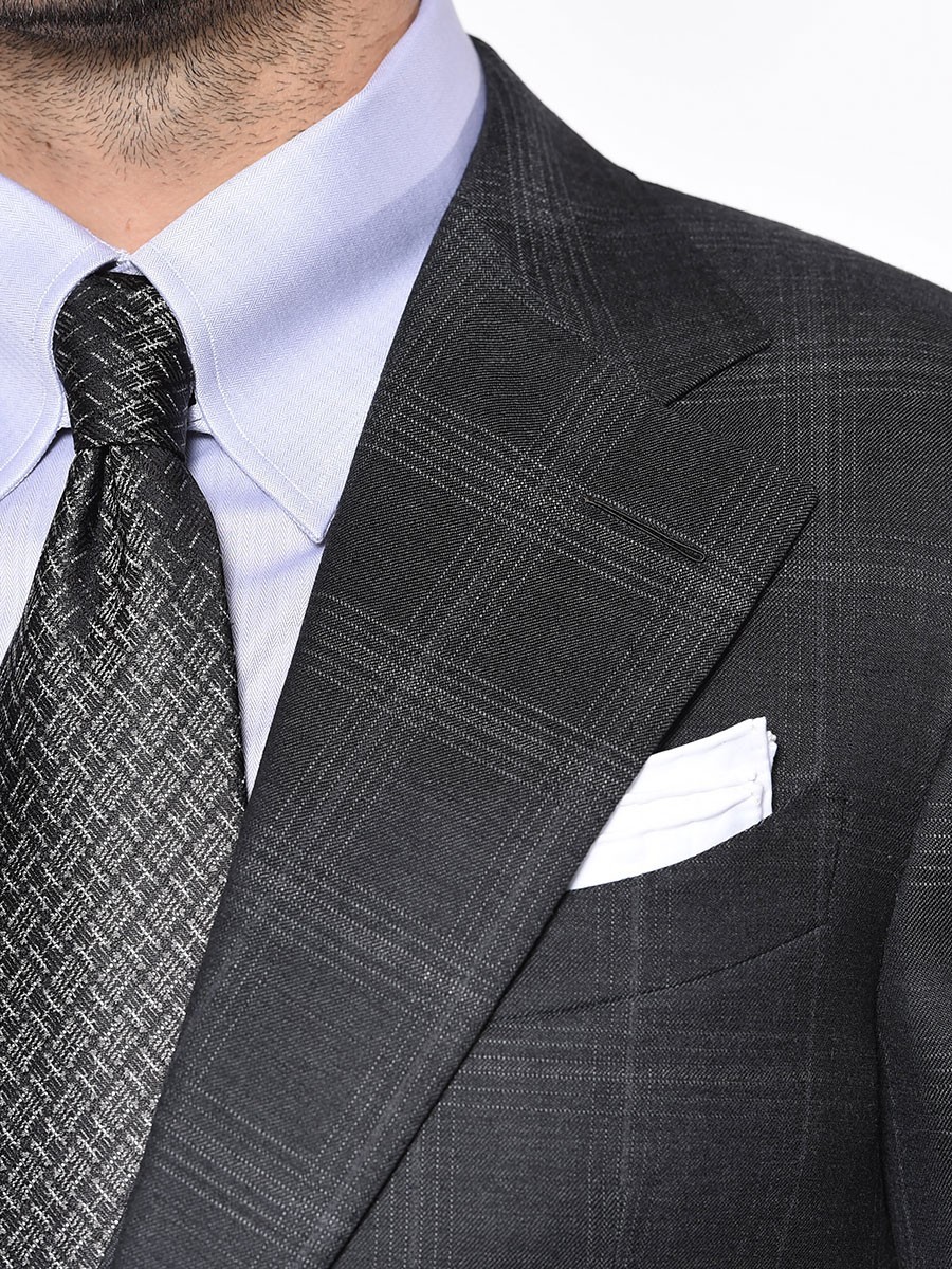 (product) Charcoal Complex Windowpane Bespoke Suit, Lapel detail