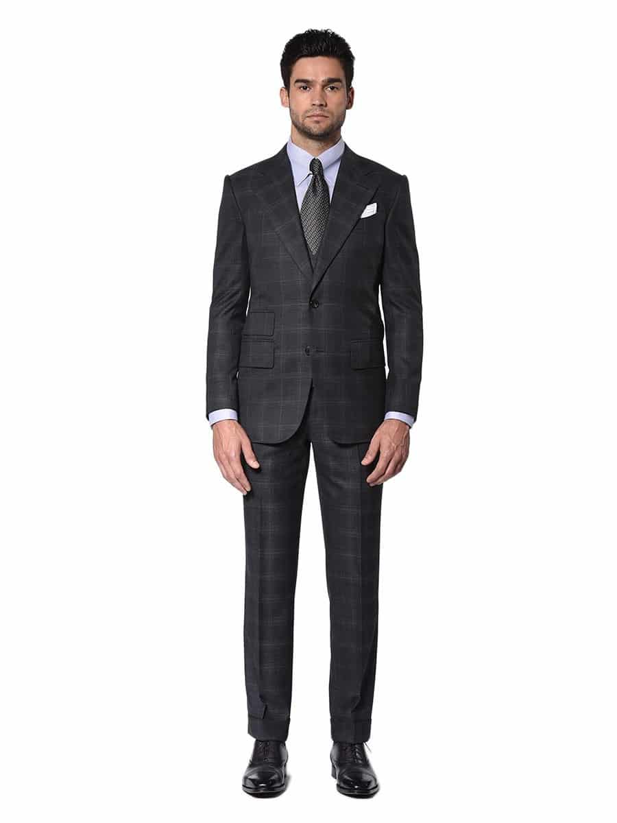 (product) Charcoal Complex Windowpane Bespoke Suit, Full view