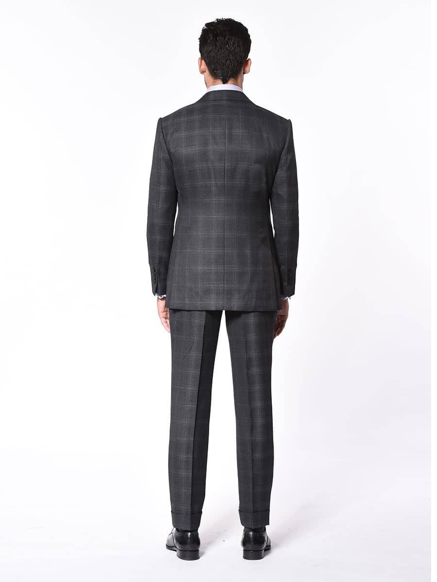 (product) Charcoal Complex Windowpane Bespoke Suit, Back view