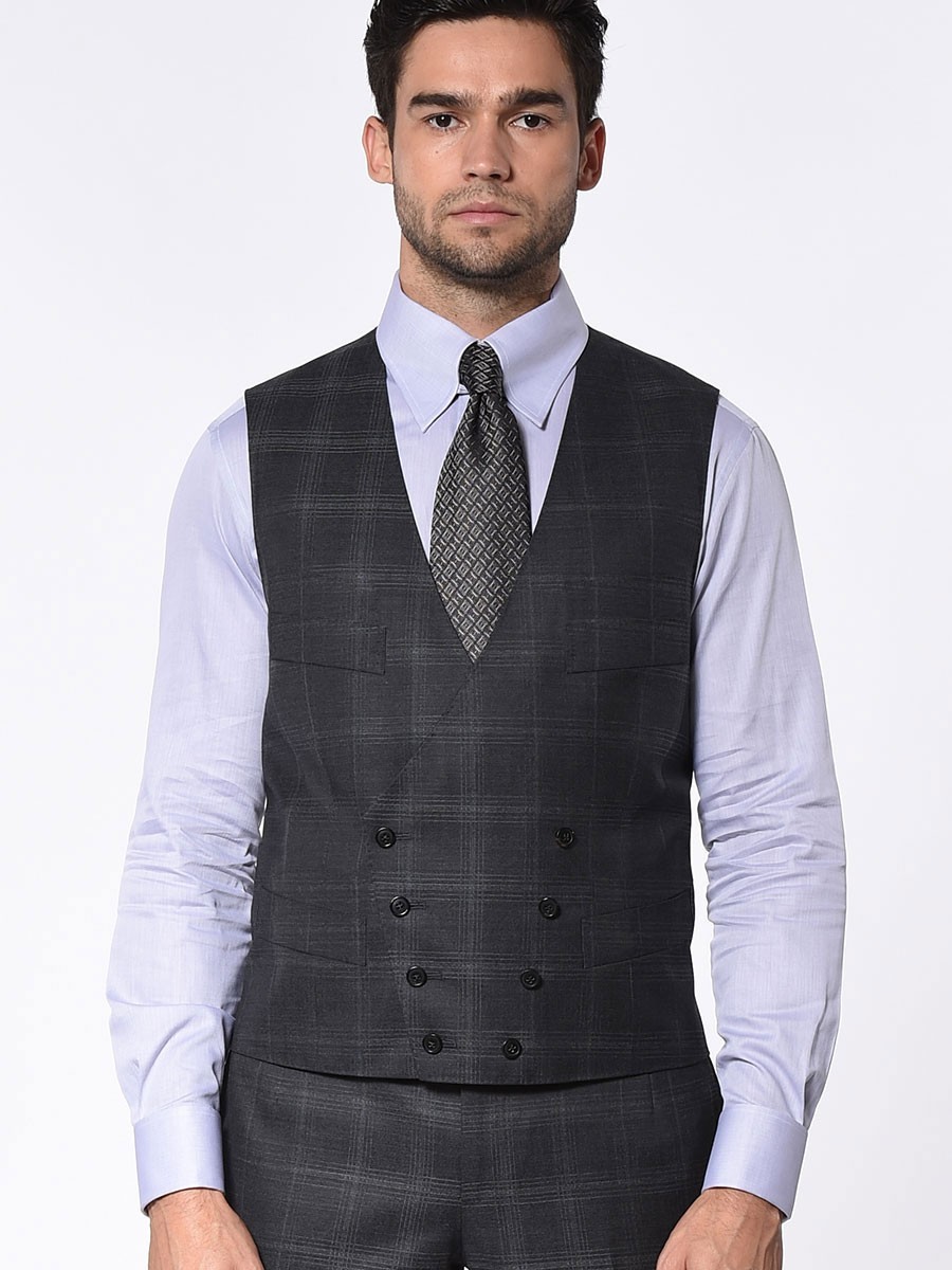 (product) Charcoal Complex Windowpane Signature 8-Button Vest