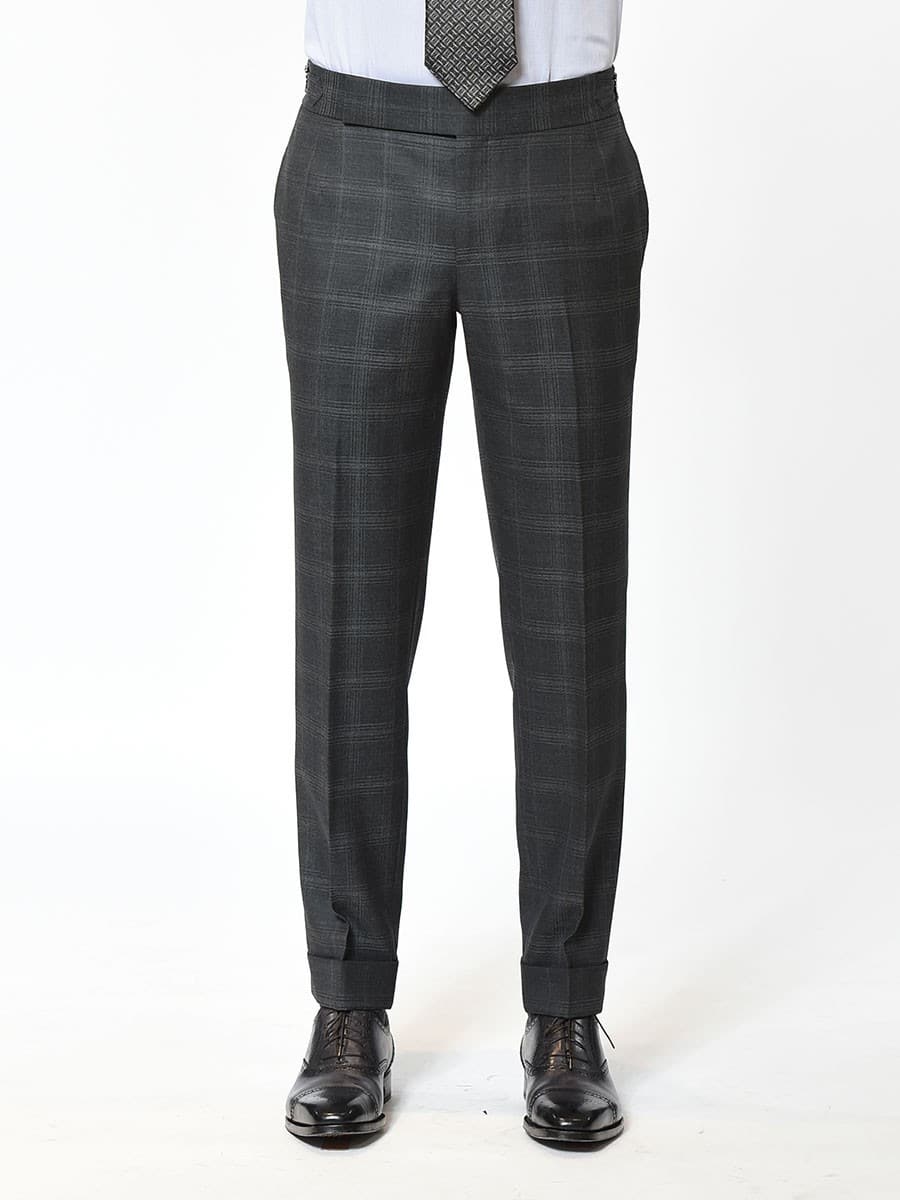 (product) Charcoal Complex Windowpane Bespoke Suit, Pants detail
