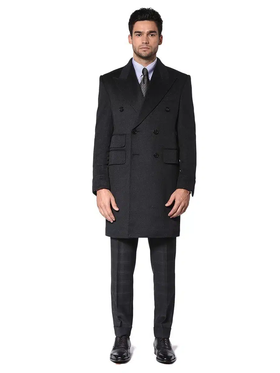 (product) Charcoal DB Wool Cashmere Overcoat,, full front view