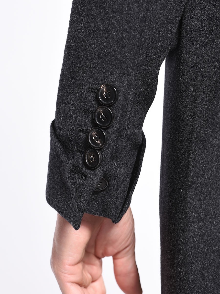 (product) Charcoal DB Wool Cashmere Overcoat, Cuff detail with button accents