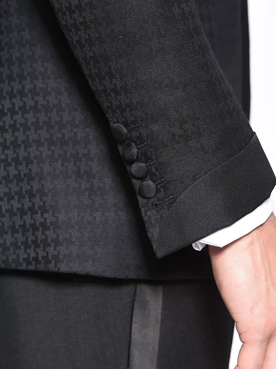 (product) Black Houndstooth Signature Grosgrain Bespoke Tuxedo, Cuff detail
