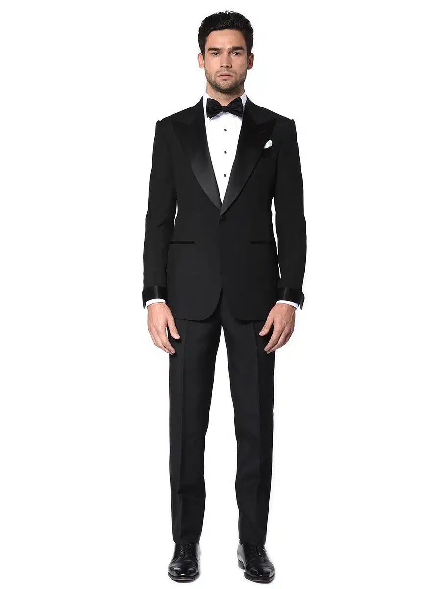 (product) Black Wool Mohair Bespoke Suit, full front view
