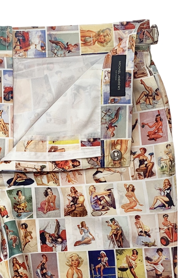 (product) Color Pinups Swim Shorts, close-up view