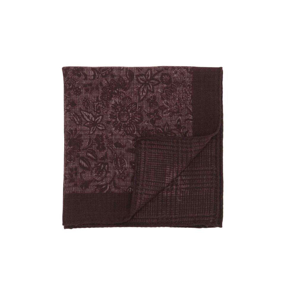 (product) Burgundy and Red Double Sided Floral and Glencheck Pocket Square, Folded