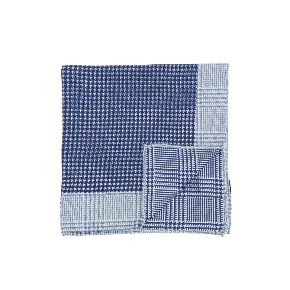 (product) Navy Double Sided Houndstooth and Glencheck Pocket Square, Folded