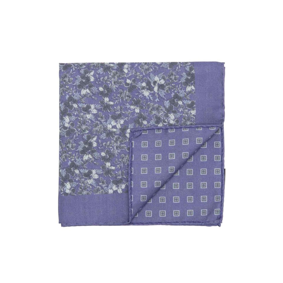(product) Purple and Blue Double Sided Flowers and Square Medallions Pocket Square, Folded
