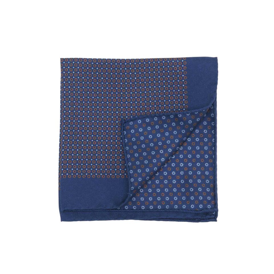 (product) Navy Pocket Square with Small Rust Red Circles