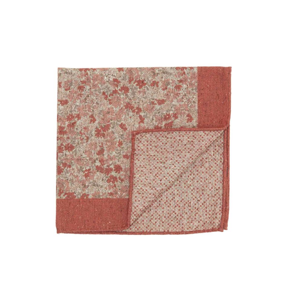 (product) Burnt Siena Double Sided Pocket Square with Small Multicolor Flowers and Abstract Dots