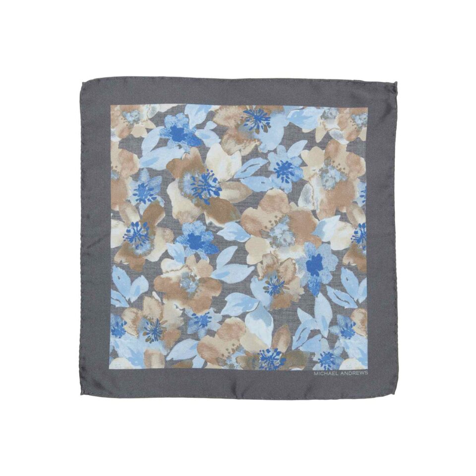 (product) Steel Grey and Light Blue Watercolor Floral Pocket Square