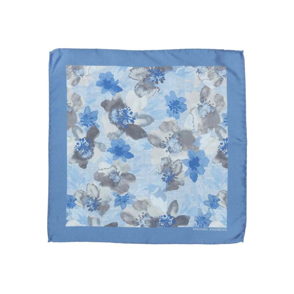 (product) Light Blue with Sky Blue & Grey Watercolor Floral Pocket Square