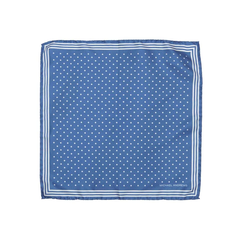 (product) Royal Blue Pocket Square with Classic White Polka Dots and Striped Border