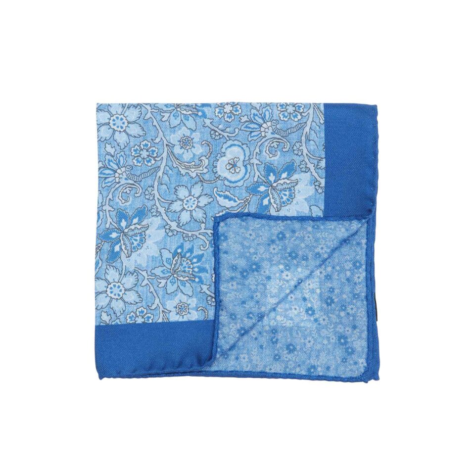 (product) Navy and Light Blue Double Sided Pocket Square with Large and Small Flowers