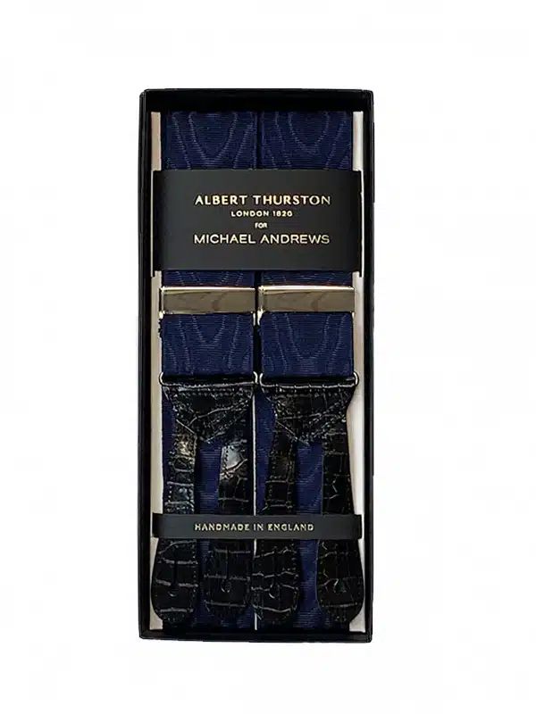 Albert Thurston Midnight Blue Moire Suspenders with silver hardware and crocodile-embossed leather ends