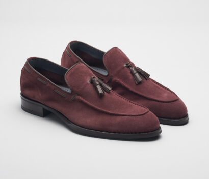 (product) Napoli Oxblood Suede Loafer, Angled pair view