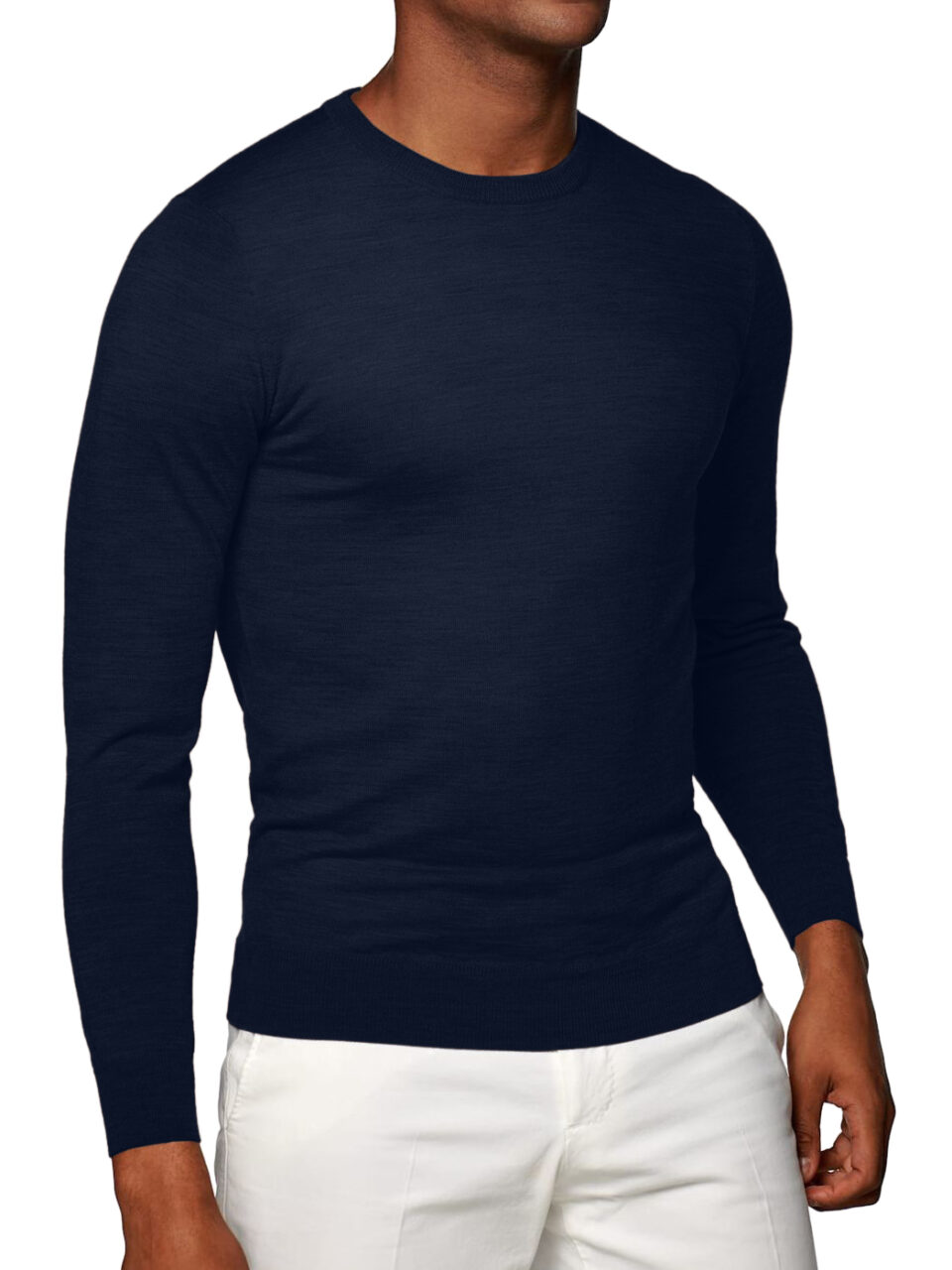 (product) Navy Merino Wool Crew Neck Sweater