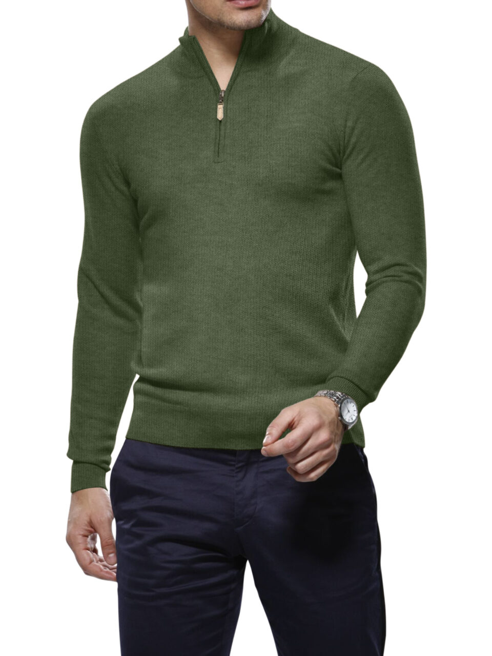 (product) Olive Cashmere 1/4 Zip Mock Sweater