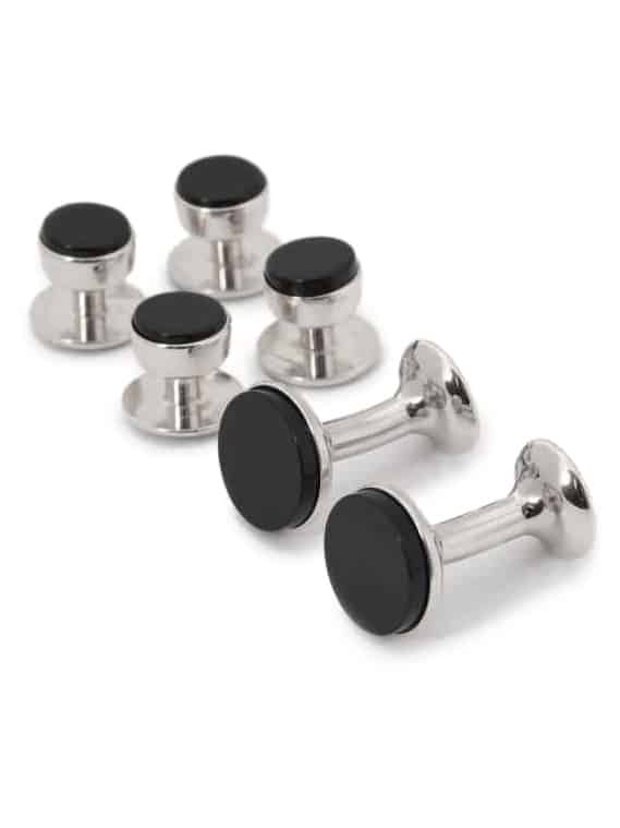 (product) Onyx Stud and Cufflink Set (White Rhodium)