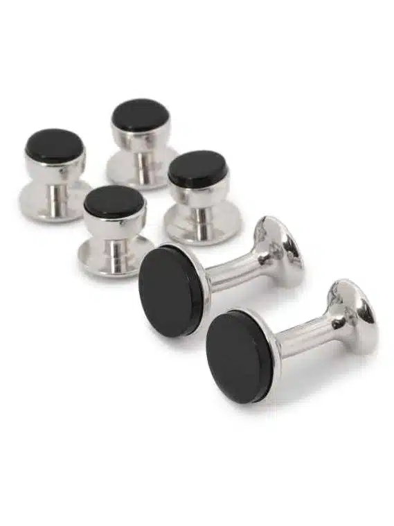 (product) Onyx Stud and Cufflink Set (White Rhodium)