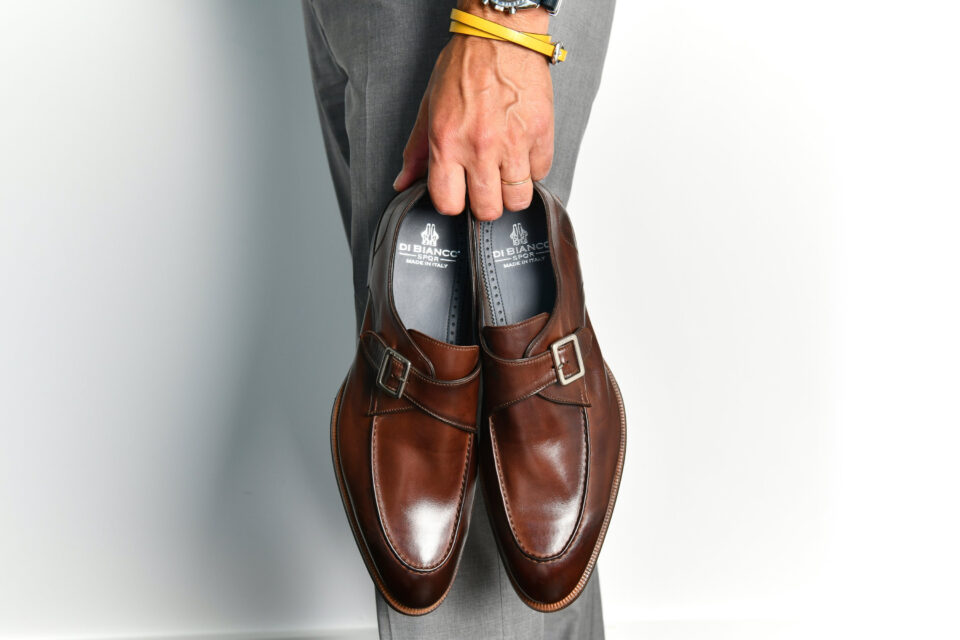 (product) Parma Clay'D Monk Strap, styled against trousers